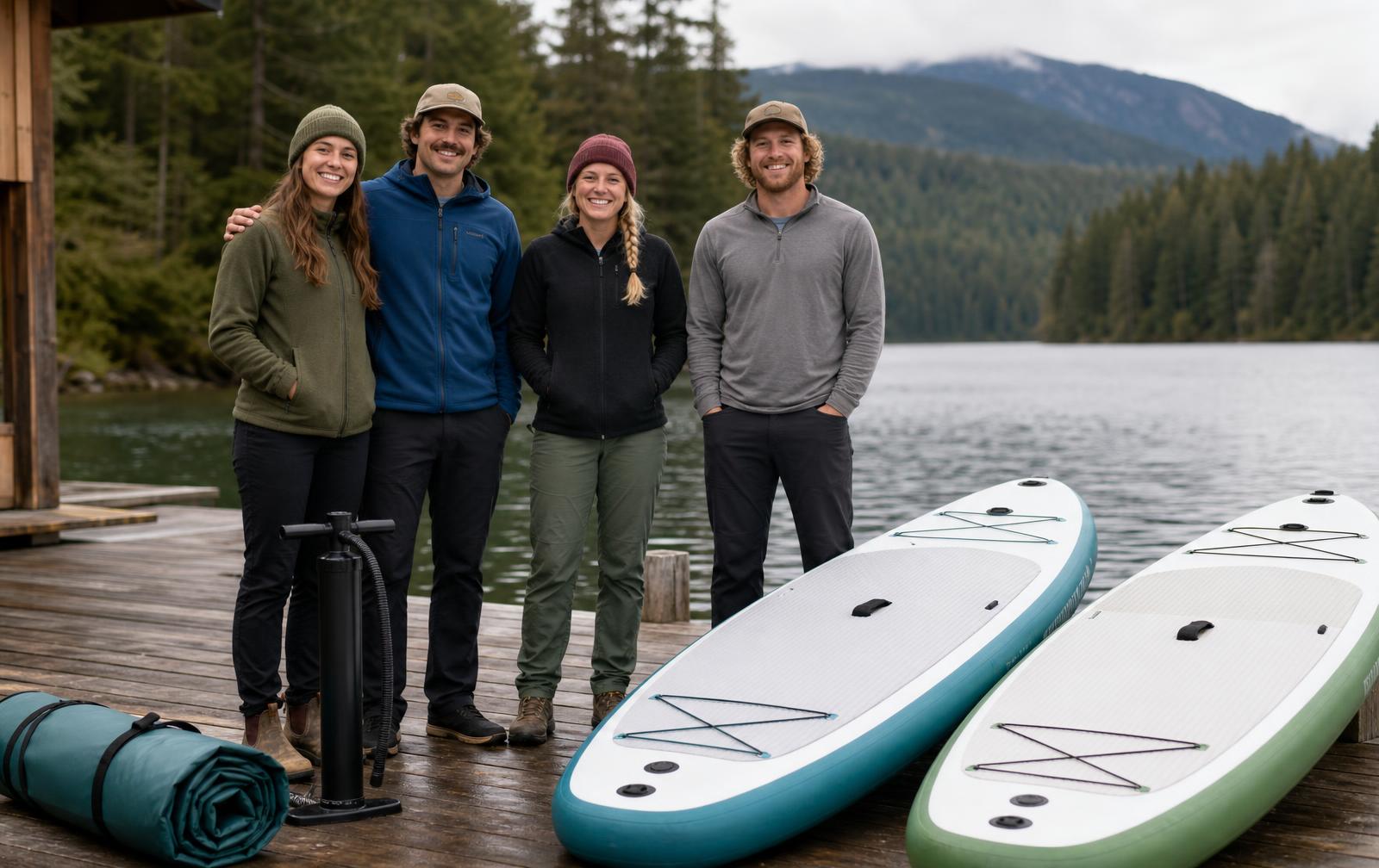 The Kinship team on a dock with paddle boards